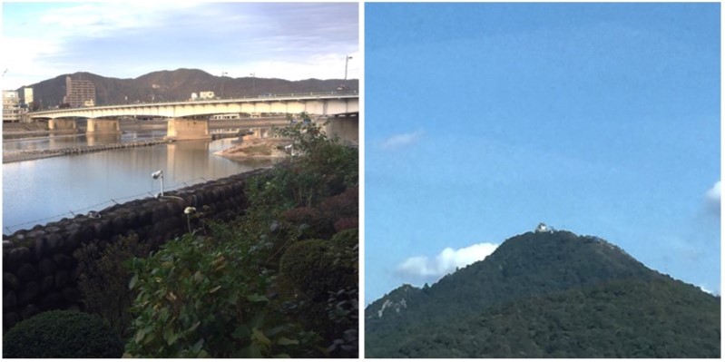「長良橋（左）」と「金華山」の山頂に構える「岐阜城（右）」
