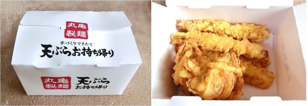 天ぷら専用持ち帰り箱（左）と 今回購入した天ぷらたち（右）