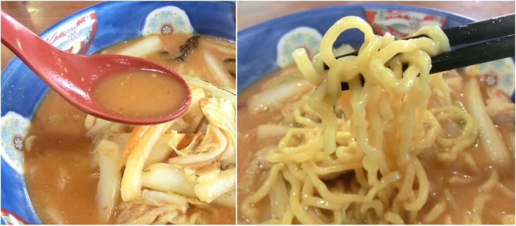 「肉味噌ラーメン」の味噌スープ（左）と 特製ちぢれ太麺（右）