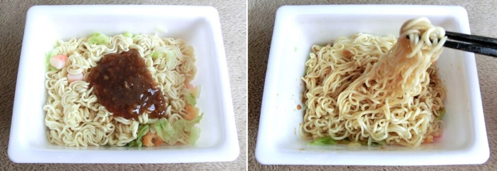完成した「中華あんかけ風やきそば」：ソースを混ぜる前（左）、ソースを混ぜた後（右）