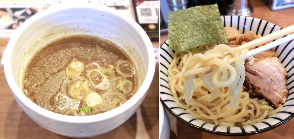 「超濃厚煮干しつけ麺」の超濃厚スープ（左）と 大盛の麺と具たち（右）