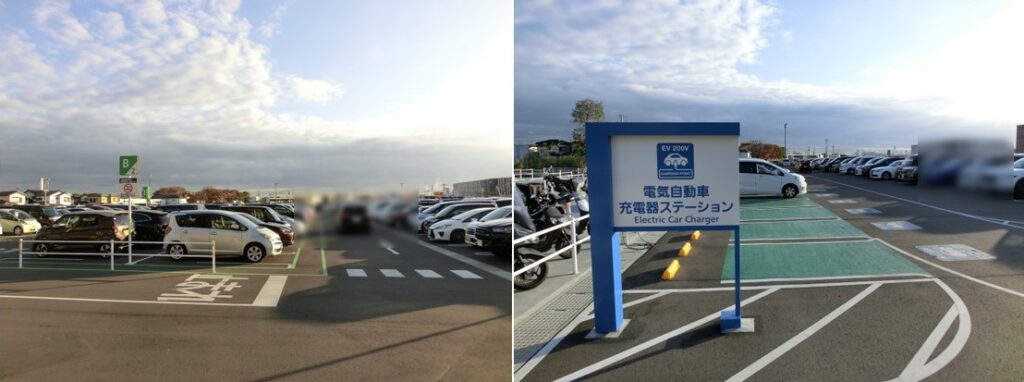 B駐車場（平置き：左）と EV充電器ステーション（右）