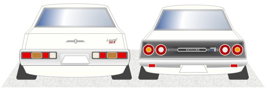 「ブタケツ（左）」と「ケンメリ（右）」のシャコタンのイメージ（パワポで作成）
備考：正直なところこの２車は本当にシャコタンが似合います。
