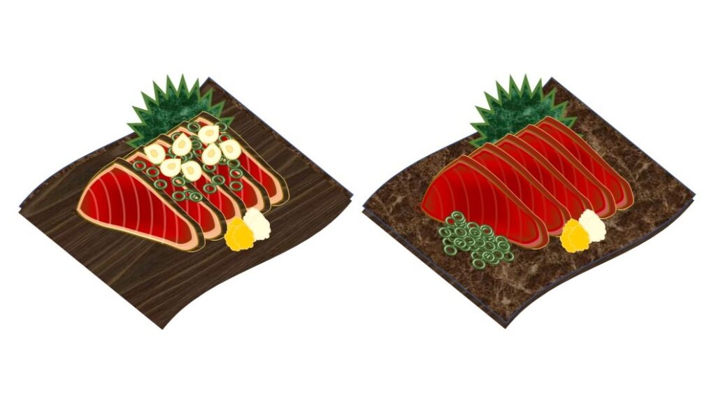 高知で食べた鰹のたたき（左）と 刺身（右）のイメージ（パワポで作成）