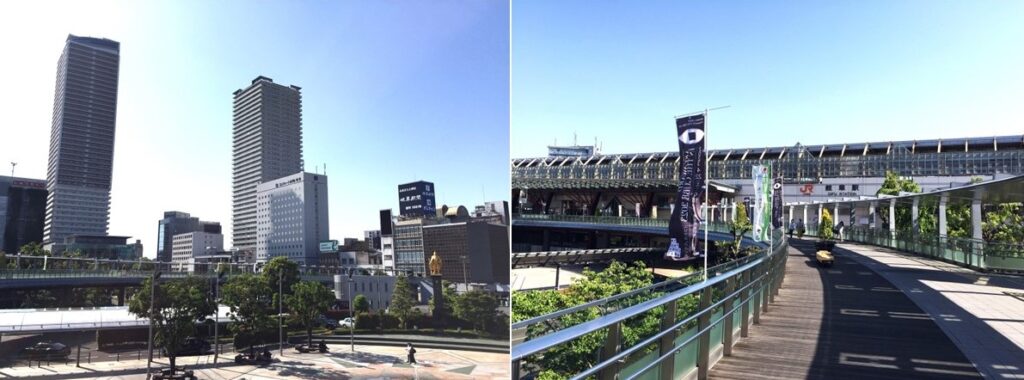 JR岐阜駅周辺の高層マンション（左）と 現在のJR岐阜駅（右）