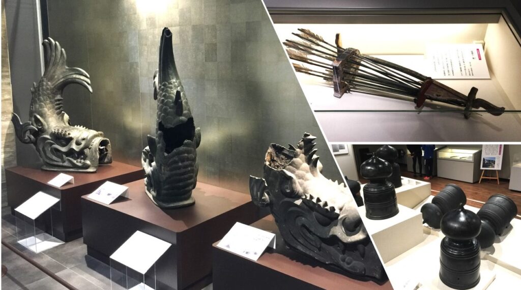 西の丸御蔵城宝館の主な展示品　銅シャチ（左）、破魔矢（右上）、擬宝珠（右下）