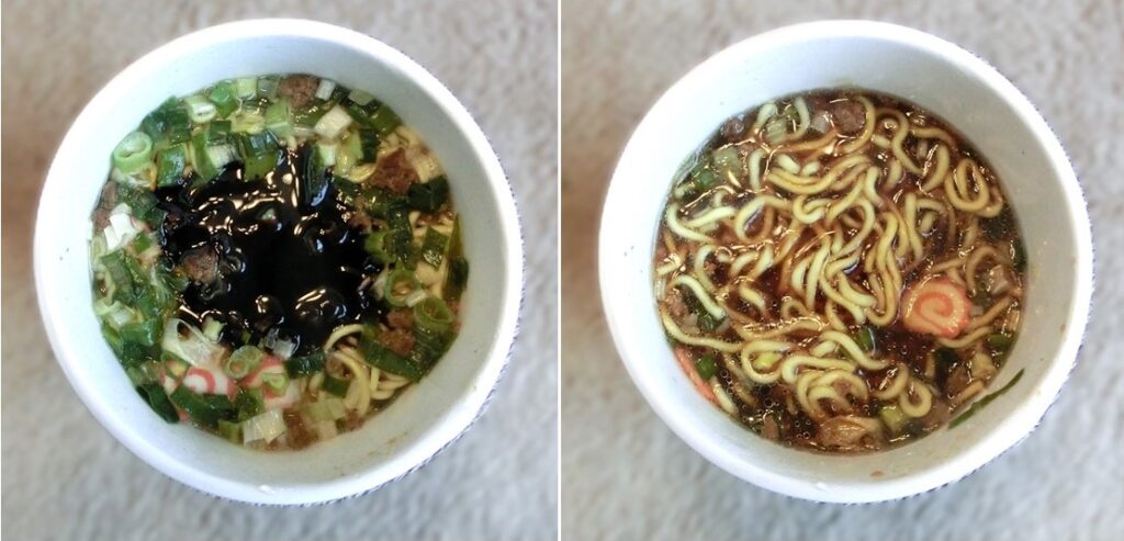 完成した「黒醤油ラーメン」：液体スープを混ぜる前（左）、混ぜた後（右）
