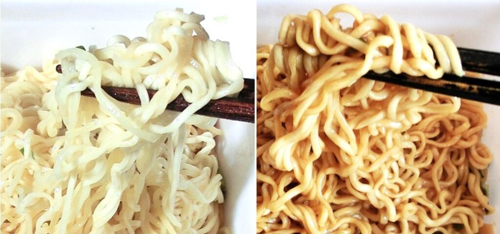 「カタ極 細麺豚骨やきそば」の細麺（左）と「醤油豚骨らーめん」の麺（右）：なんとなく左の方が細く感じます。