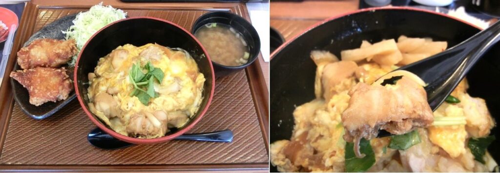 親子丼とから揚げのセット（左）と 親子丼の鶏肉の拡大（右）