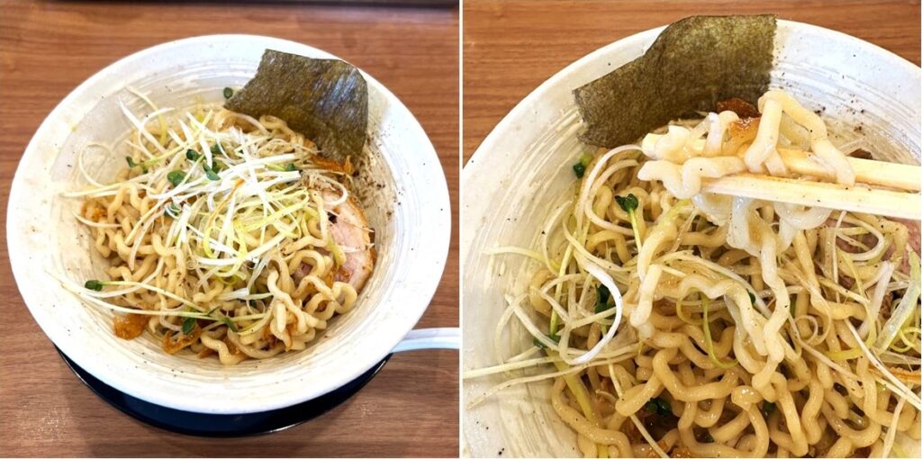 「煮干し塩まぜそば」の混ぜ終わった後（左）と 中太ちぢれ麺（右）