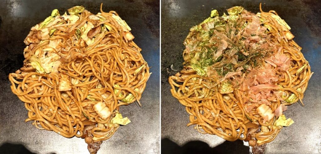 豚イカ焼そば：鰹節と青のりをかける前（左）と かけた後（右）