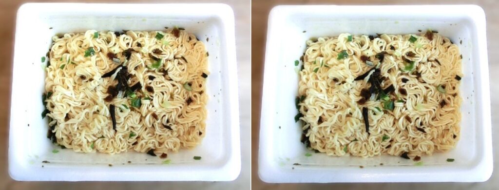 「豚骨味やきそば」のお湯を捨てた直後(左)と ソースをかけた直後(右)