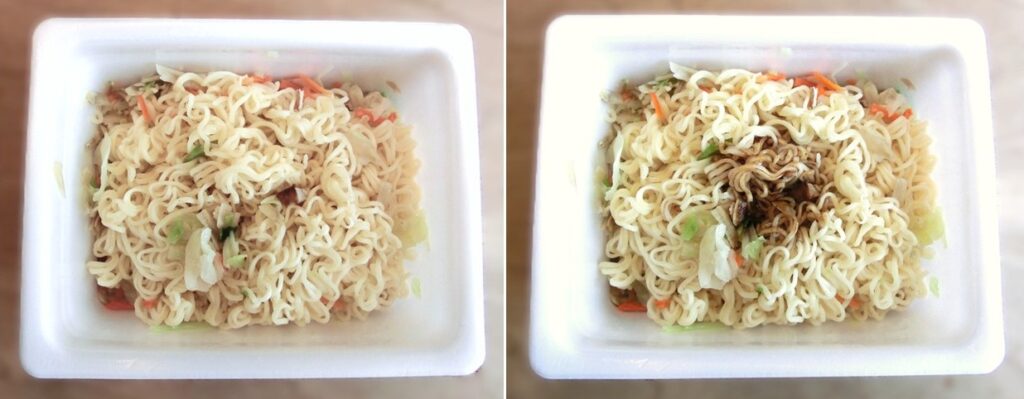 「食物繊維たっぷりソースやきそば」のお湯を捨てた直後(左)と ソースをかけた直後(右)