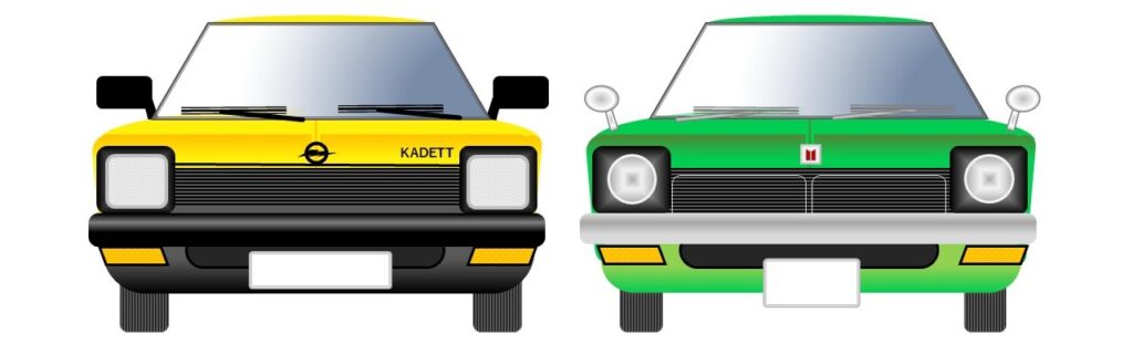 「オペル・カデット（左）」と「初代ジェミニ（右）」のフロントイメージ（パワポで作成：少し誇張してあります）
