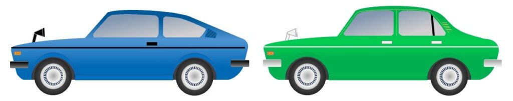 「初代ジェミニ」のクーペ（左）と ４ドアセダン（右）の外観イメージ（パワポで作成）