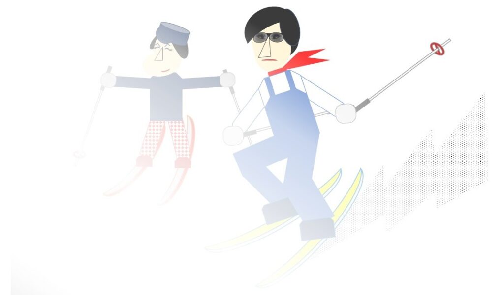 ゲレンデを滑走する遊びの達人の友人のイメージ(パワポで作成)