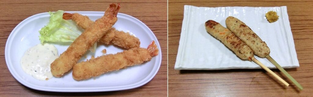 海老フライ(左)と つくね(右)