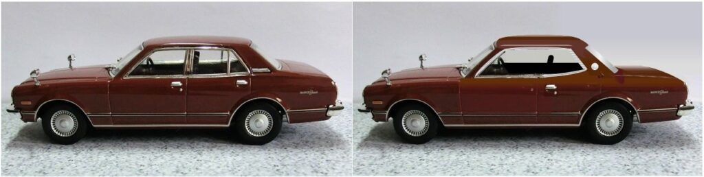 「３代目マークⅡ」の４ドアセダン（左）と ２ドアハードトップ（右）（国産名車コレクション付録ミニカー：一部加工）