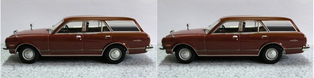 「３代目マークⅡ」の５ドアワゴン（左）と ５ドアバン（右）（国産名車コレクション付録ミニカー：一部加工）