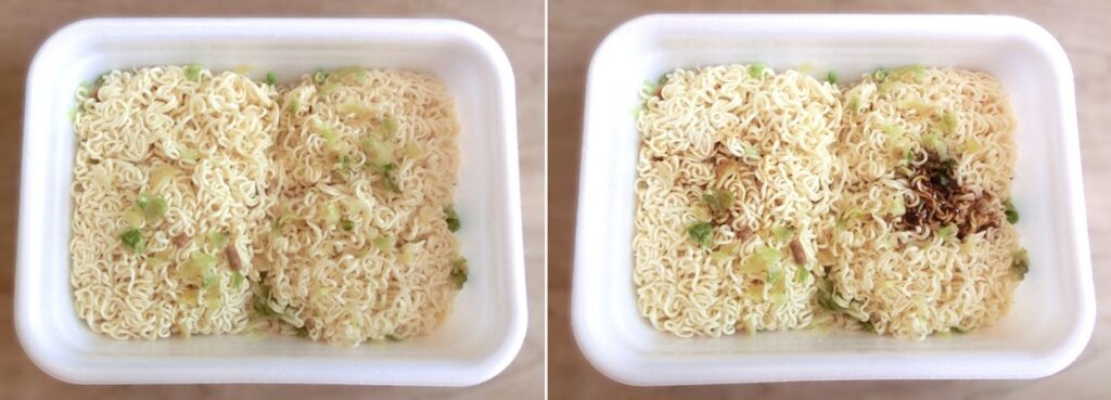 「超大盛やきそばハーフ＆ハーフ しょうゆラーメン風＆ギョウザ風」のお湯を捨てた直後（左）と ソースをかけた直後（右）