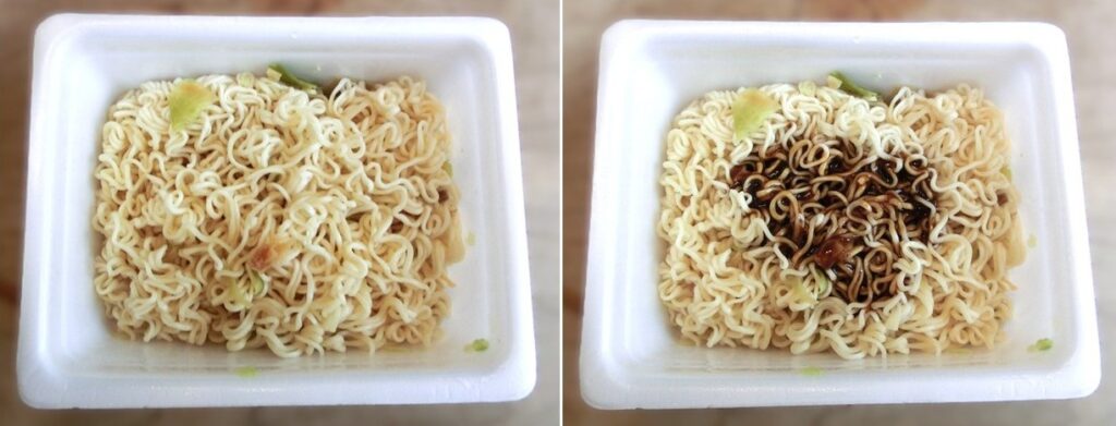 「海老つけ麺味やきそば」のお湯を捨てた直後（左）と ソースをかけた直後（右）
