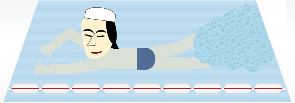 プールで泳ぐ少年のような心を持った友人のイメージ（パワポで作成）