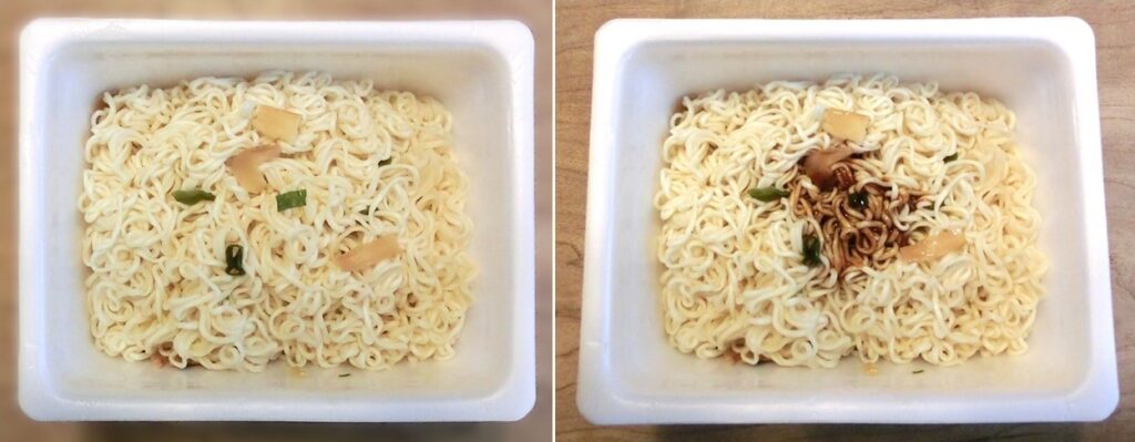 「しょうゆ油そば」のお湯を捨てた直後（左）と ソースをかけた直後（右）