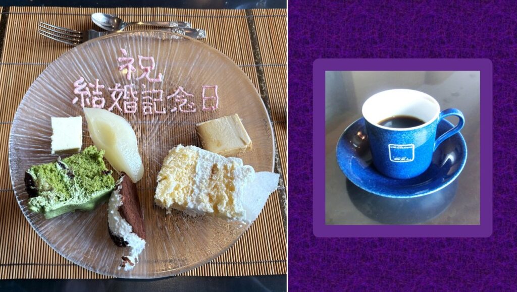 スイーツが盛り付けられたお皿(左)と コーヒー(右)