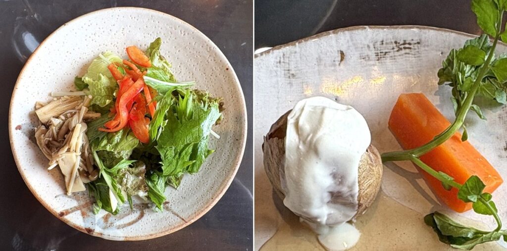 新鮮なサラダ(左)と 付け合わせのじゃがいもとにんじん(右)