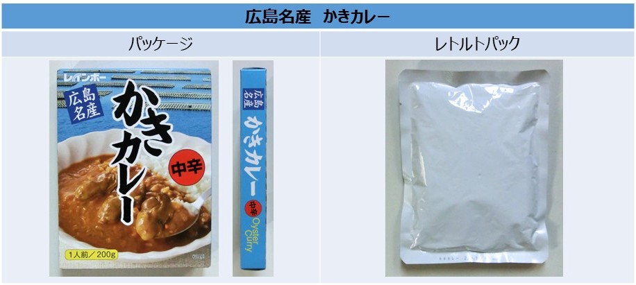 「広島名産 かきカレー」のパッケージとレトルトパック