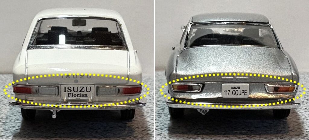 「フローリアン（左）」と「117クーペ（右）初期」のリアビュー比較