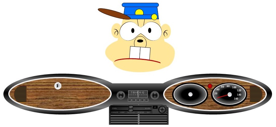 「フローリアン」のインパネのイメージ（下）と 天才バカボンの目ン玉つながりのおまわりさん（上）（パワポで作成）