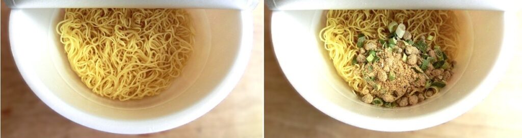 ノンフライ麺(左)と かやく入り粉末スープをのせた後(右)