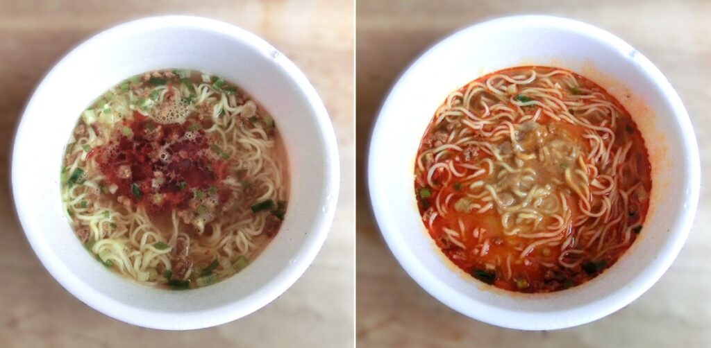 液体スープをのせた直後(左)と 液体スープを少し混ぜてから特製ペーストをのせた直後(右)