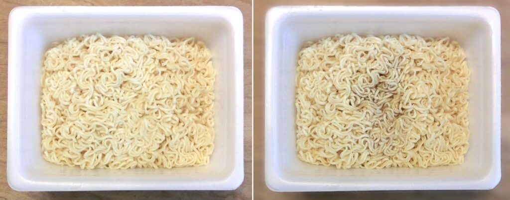 「トリュフテイストやきそば」のお湯を捨てた直後（左）と ソースをかけた直後（右）
