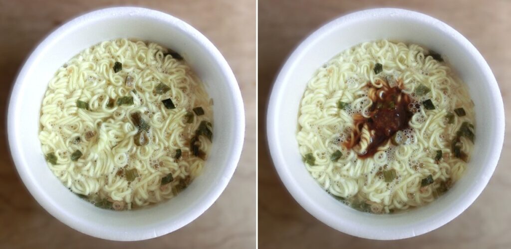 「焦がしラード塩ラーメン」のお湯を捨てた直後（左）と スープを入れた直後（右）