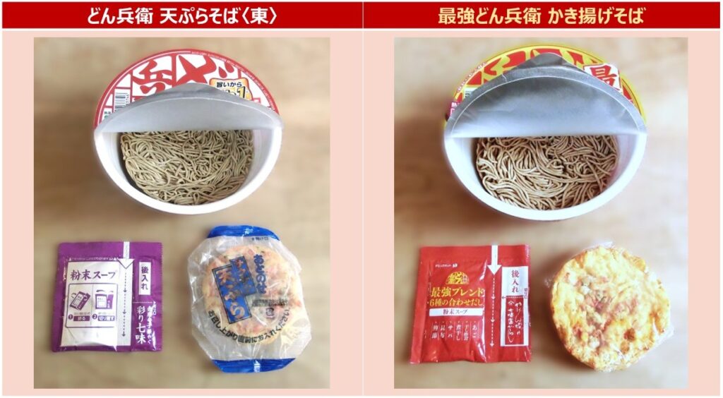 「どん兵衛(左)」と「最強どん兵衛(右)」の内容物