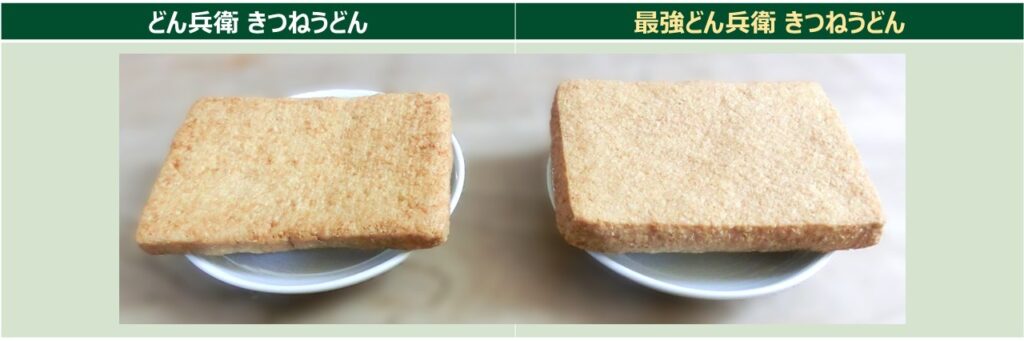 「どん兵衛（左）」と「最強どん兵衛（右）」のおあげ（乾燥状態）