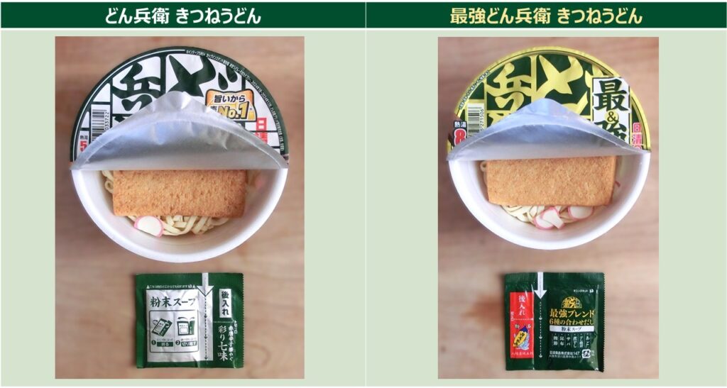 「どん兵衛（左）」と「最強どん兵衛（右）」の内容物