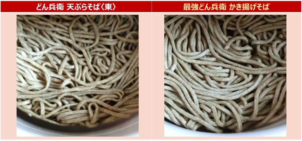 「どん兵衛(左)」と「最強どん兵衛(右)」の乾麺