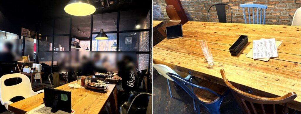 【チェリーズ】の店内（左）と 不揃いの椅子たち（右）