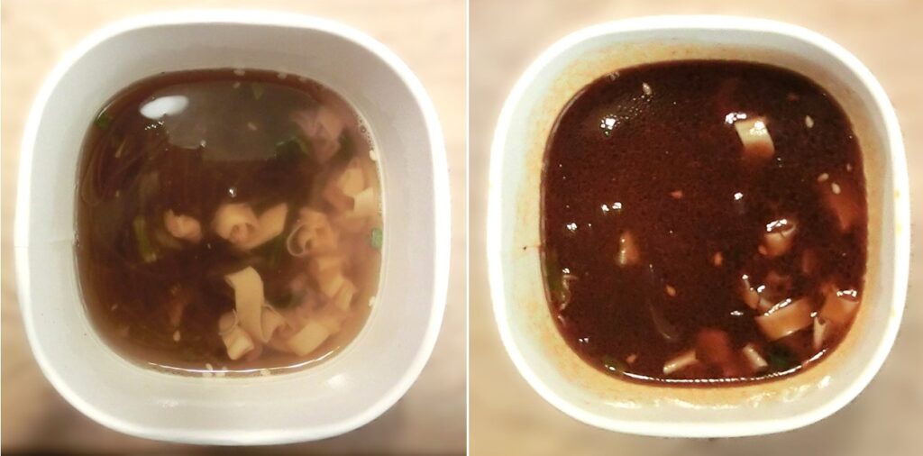 完成した「麻辣燙」：液体スープを入れる前（左）、入れた後（右）