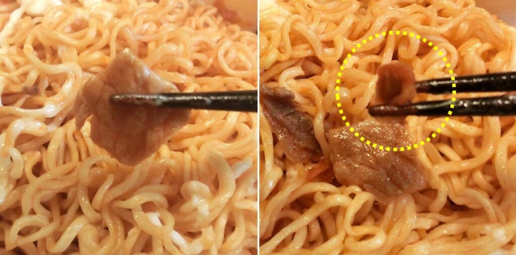 完成した「マヨネーズキムチチャーシューやきそば」のチャーシュー（左）と キムチ（右）