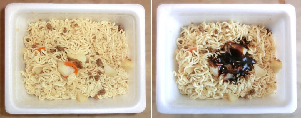 「洋食気分 デミグラステイストやきそば」のお湯を捨てた直後（左）と ソースをかけた直後（右）