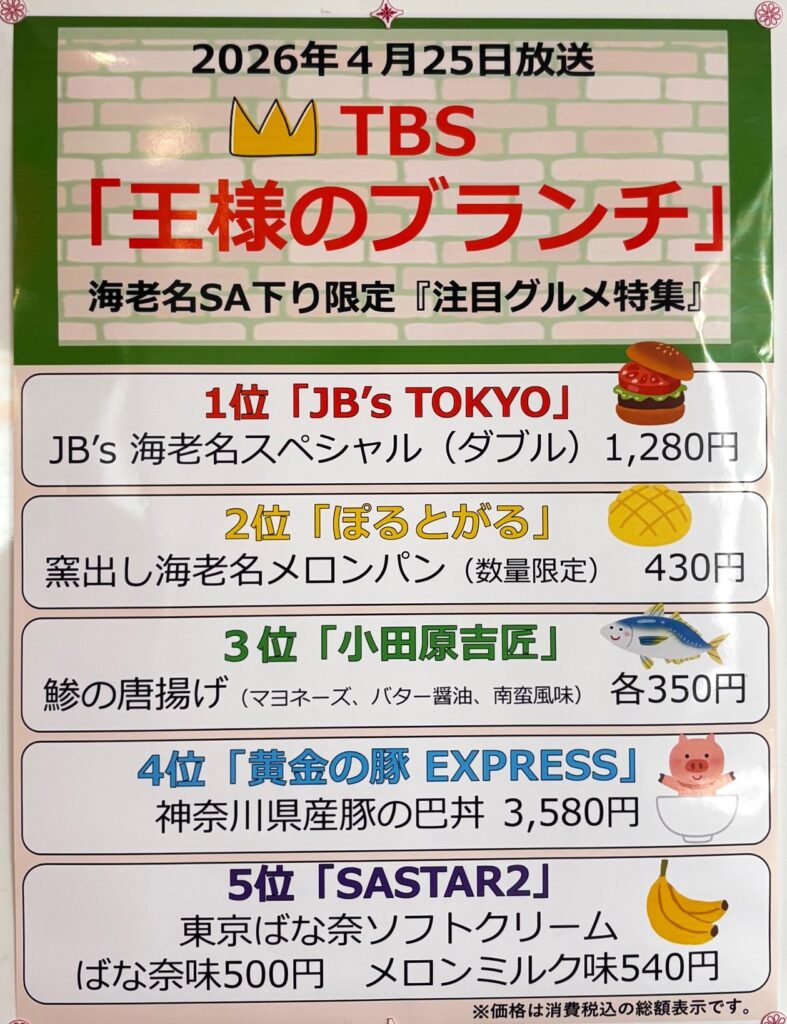 TV番組「王様のブランチ」の海老名SA（下り）限定品ランキング