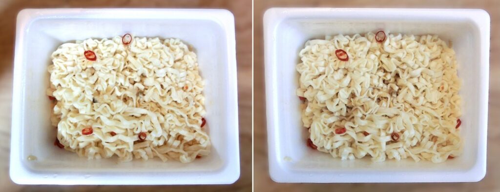 「ボンゴレ焼うどん」のお湯を捨てた直後（左）と ソースをかけた直後（右）