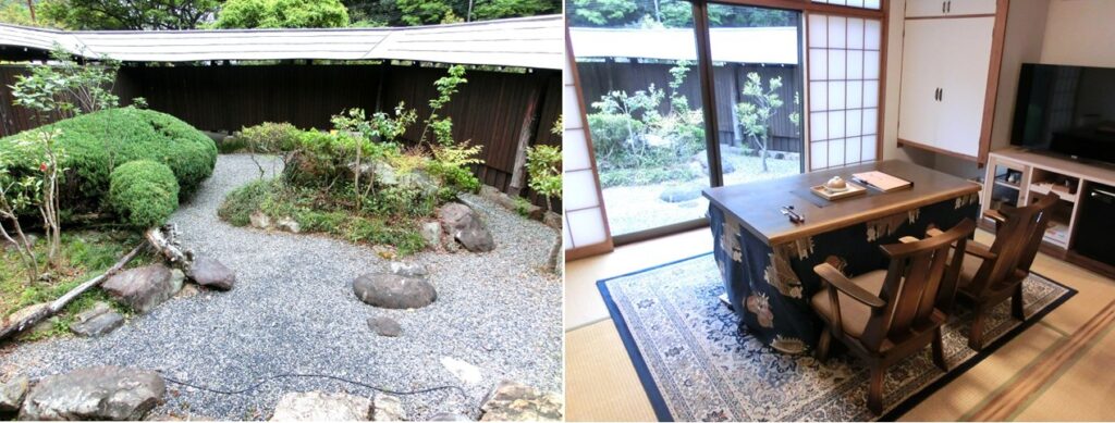 部屋についている趣のある庭（左）と その庭に向かって配置されたテーブルと椅子（右）