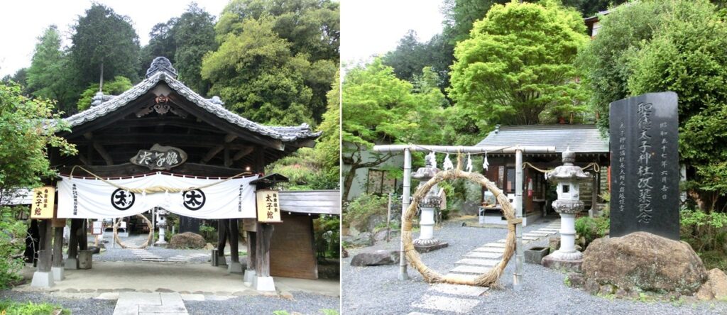 神社の荘厳な門（左）と 茅の輪（右）