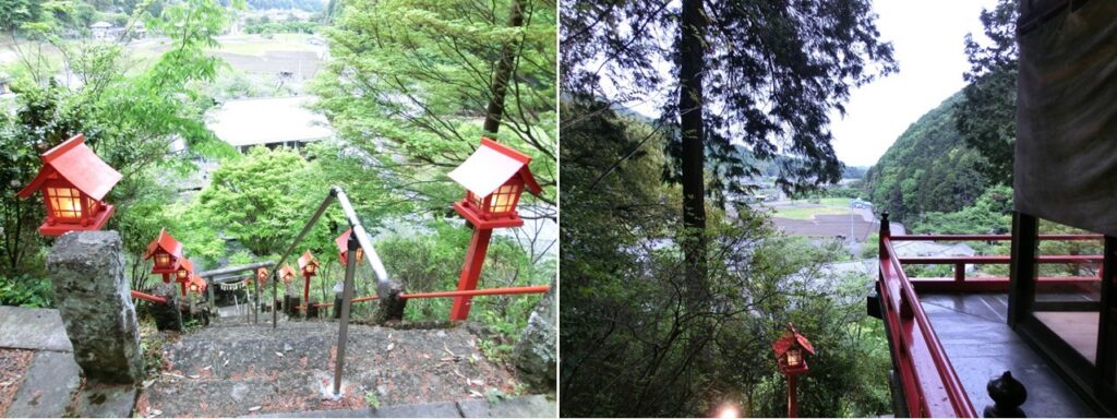 上がり切った階段（左）と 本殿からの眺め（右）