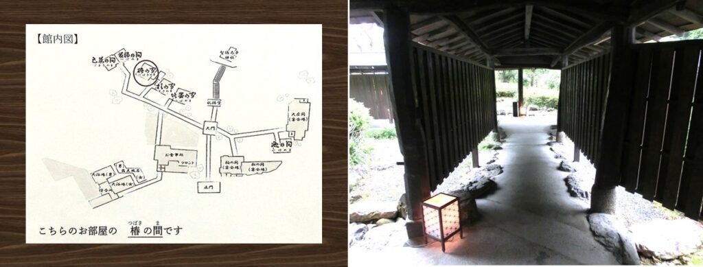 館内の案内図（左）と 木造りの廊下（右）